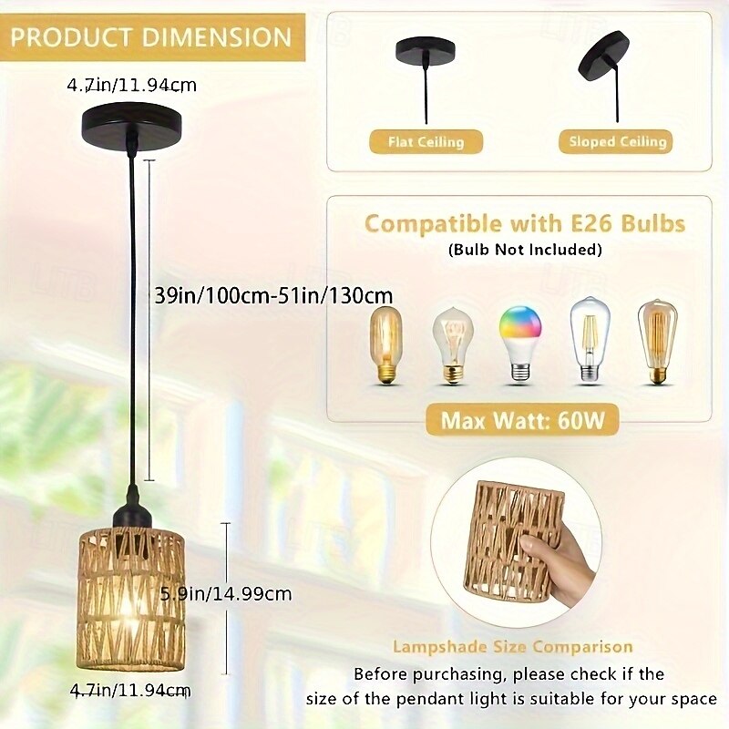 pendente vintage country, material de corda de vime trançada em metal, 15 cm de altura, luz branca quente/branca, e26 e27, corrente ajustável de 2025 por $60.99 –P5