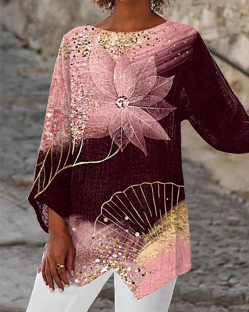 Mujer Camiseta Camiseta superior Estampado Asimétrico Floral Moda Moderno Manga Larga Cuello Barco Tops regulares Diario Rosa Primavera Otoño 2026 - $24.99 –P1