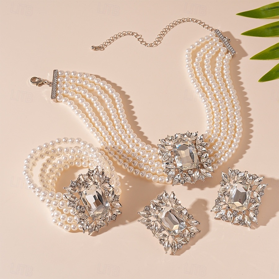 női gyöngyös strasszos ékszer - vintage ihletésű nyaklánc, karkötő és fülbevaló Gatsby partikra és esti eseményekre 2026 - $14.99 –P8