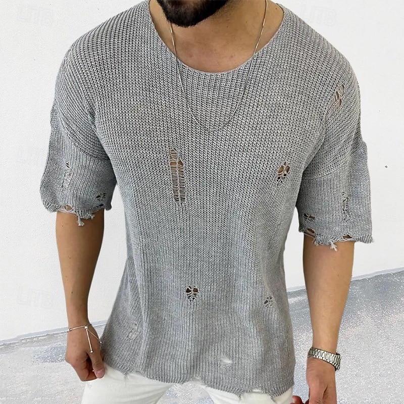 Herre Pullover genser Strikket genser Riflet Strikke Vanlige topper Strikket Hull عادي Crew-hals Mote Grunnleggende Feriereise Dagligdagstøy Klær Sommer Svart Hvit M L XL 2025 - $32.99 –P2