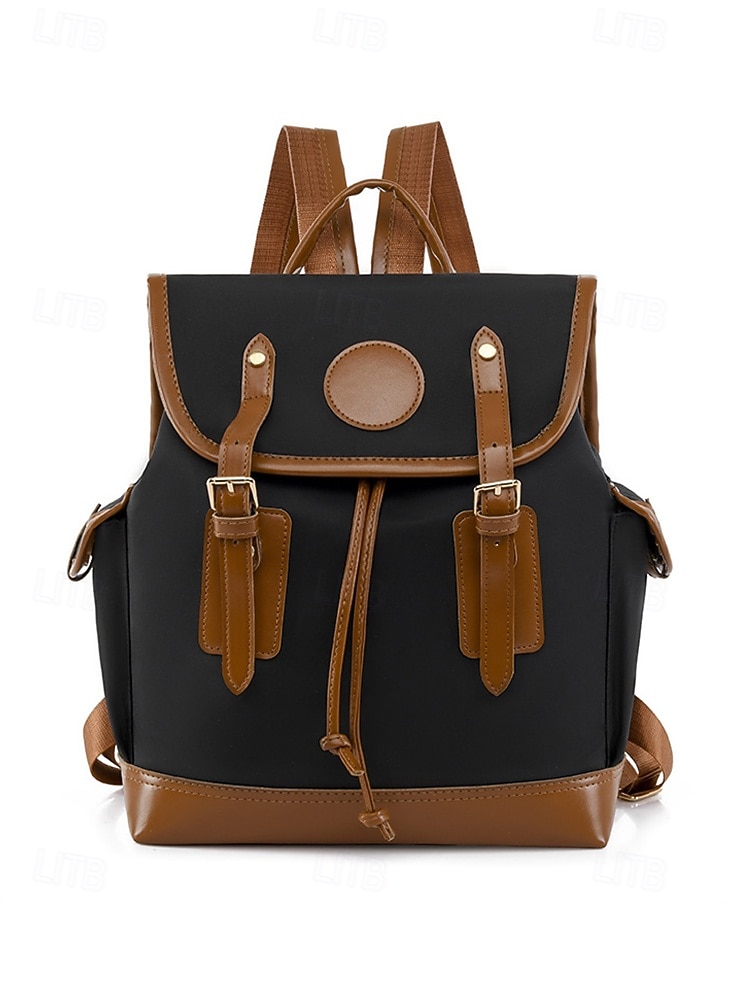 Women's Vintage Faux Leather Trim Backpack - Waterproof Canvas Preppy School Bag with Drawstring Closure for Teenage Girls, Students and Daily Use 2025 - $32.99 –P4