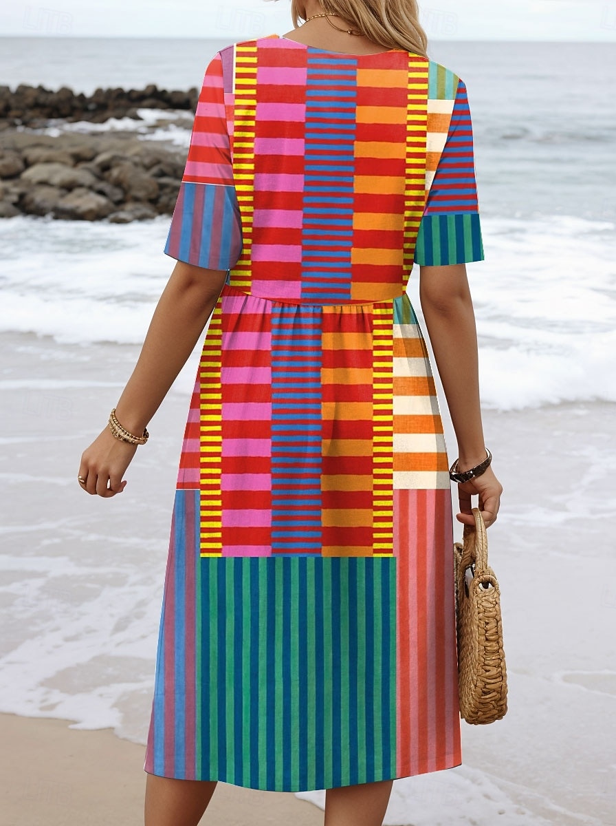 Damen Midikleid A Linie Kleid Sommerkleid Urlaub Lässig Ferien Normale Passform Grafik Geometrisch Halbarm Rundhalsausschnitt Rosa Rote Blau Grün Sommer Frühling Herbst 2025 - $31.99 –P2