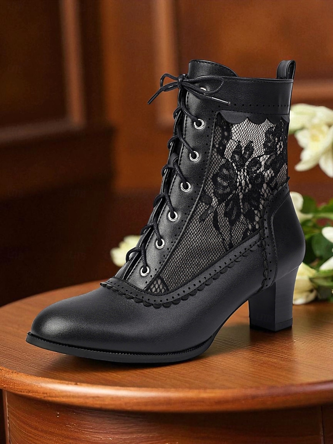 damskie czarne, koronkowe botki w stylu edwardiańskim - vintage'owe, siateczkowe, sznurowane, wiktoriańskie botki na średnim obcasie, idealne do mody gotyckiej, cosplayu i strojów w stylu lat 1900. 2026 - $64.99 –P6