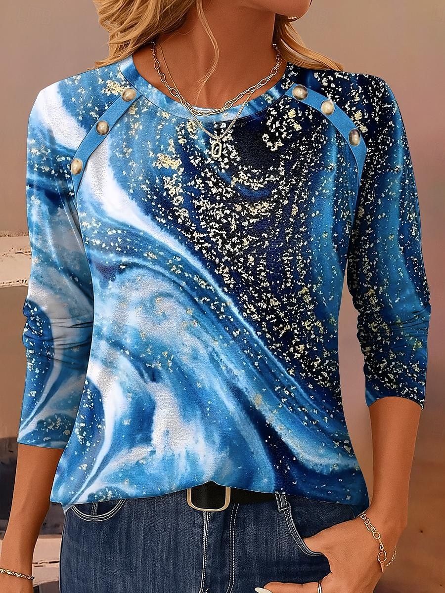 Femmes T-shirt Graphique Géométrique ancien Occasionnel manche longue Col ras du cou Hauts Réguliers Quotidien Boutons Imprimé Vert cendré Bleu Violet Marron Vert Printemps Automne Hiver de 2025 ? $24.99 –P1