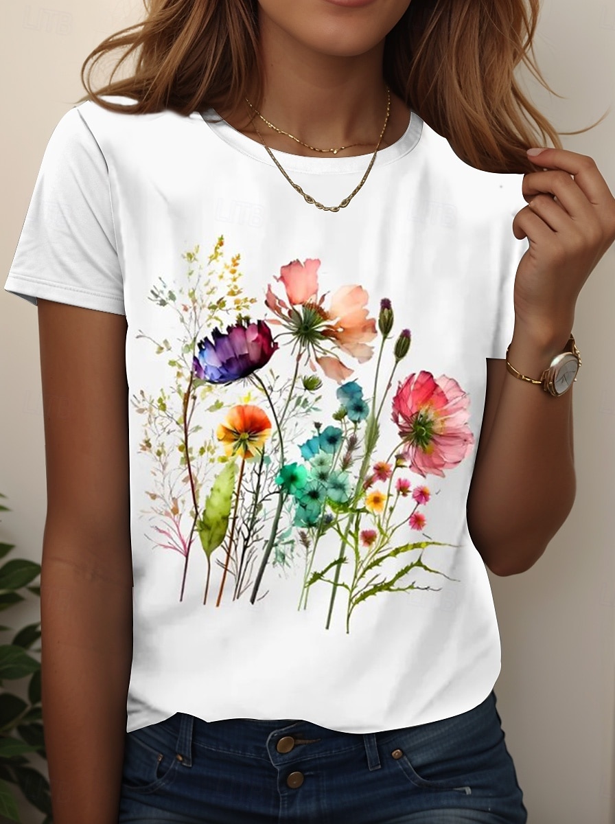 Dame T skjorte Blomstret Grafisk Planter Årgang Stilfull Klassisk Kortermet Crew-hals Vanlige topper Daglig Ut på byen Helg Trykt mønster Svart Hvit Rosa Blå Himmelblå Sommer Vår Høst 2025 - $19.99 –P5