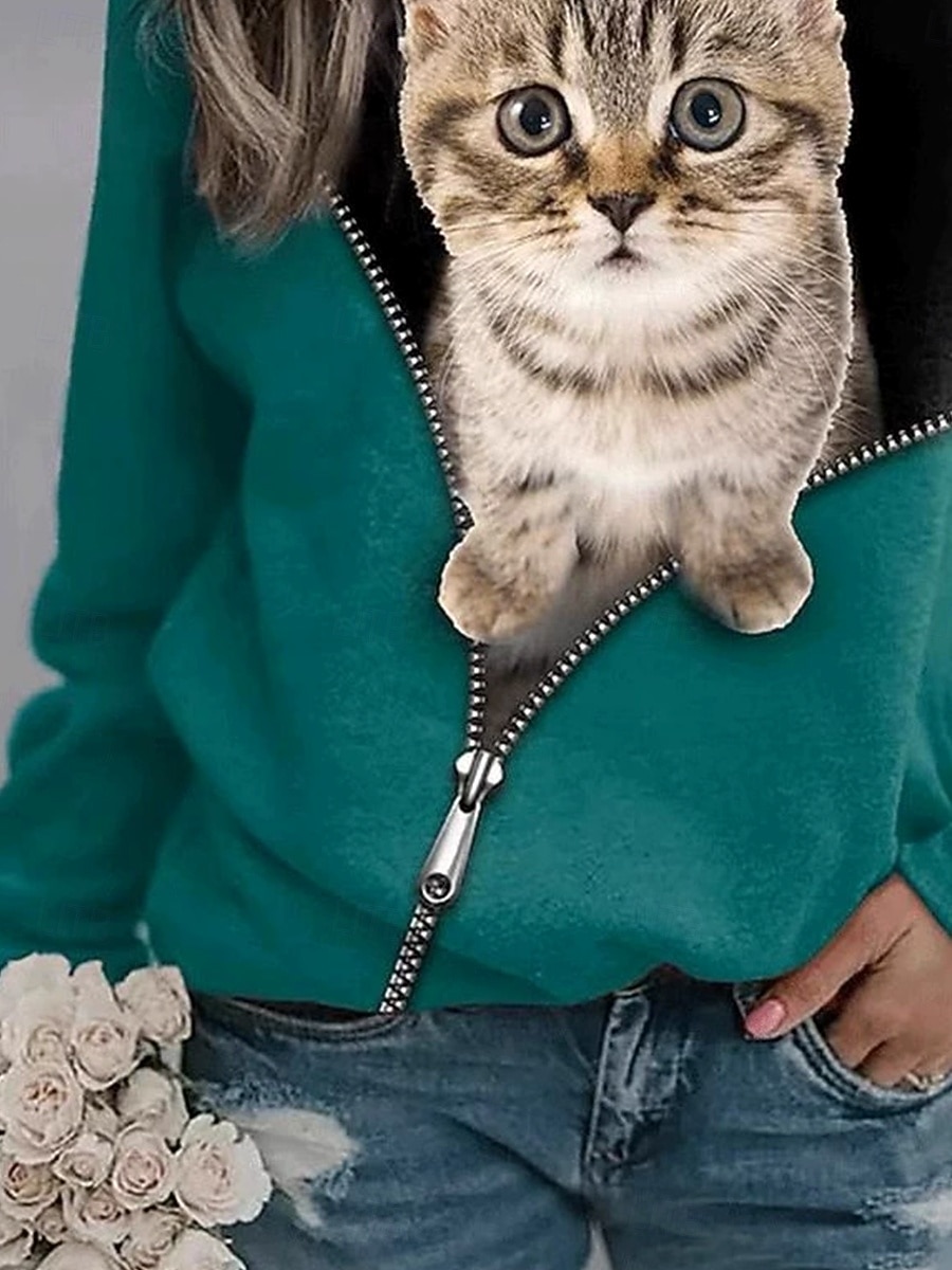 2025年 女性用 プルオーバースウェットシャツ フーディーズ グラフィック 動物 猫 ファッション カジュアル 長袖 クルーネック ラウンドネック レギュラートップス ストリート 日常着 プリント ダークグリーン 春 秋 冬  コレクション – $25.99 –P3