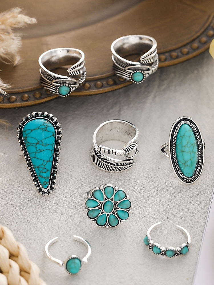 set di anelli turchesi bohémien da donna: anelli impilabili placcati in argento vintage con dettagli in pietra blu per feste, festival e uso quotidiano del 2025 a $11.99 –P5