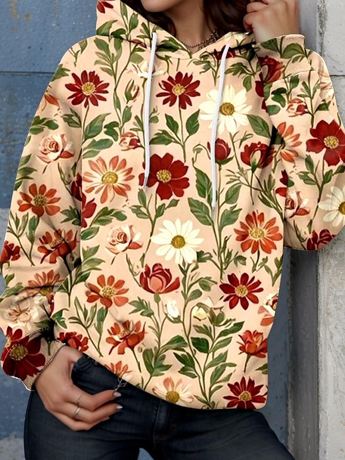 Mulheres Pulôver Moletom Com Capuz Floral Gráfico Elegante Quente Ativo Manga Longa Com Capuz Tops regulares Rua Dia a Dia Casual Imprimir Castanho Avermelhado Primavera Outono Inverno de 2025 por $24.99 –P1