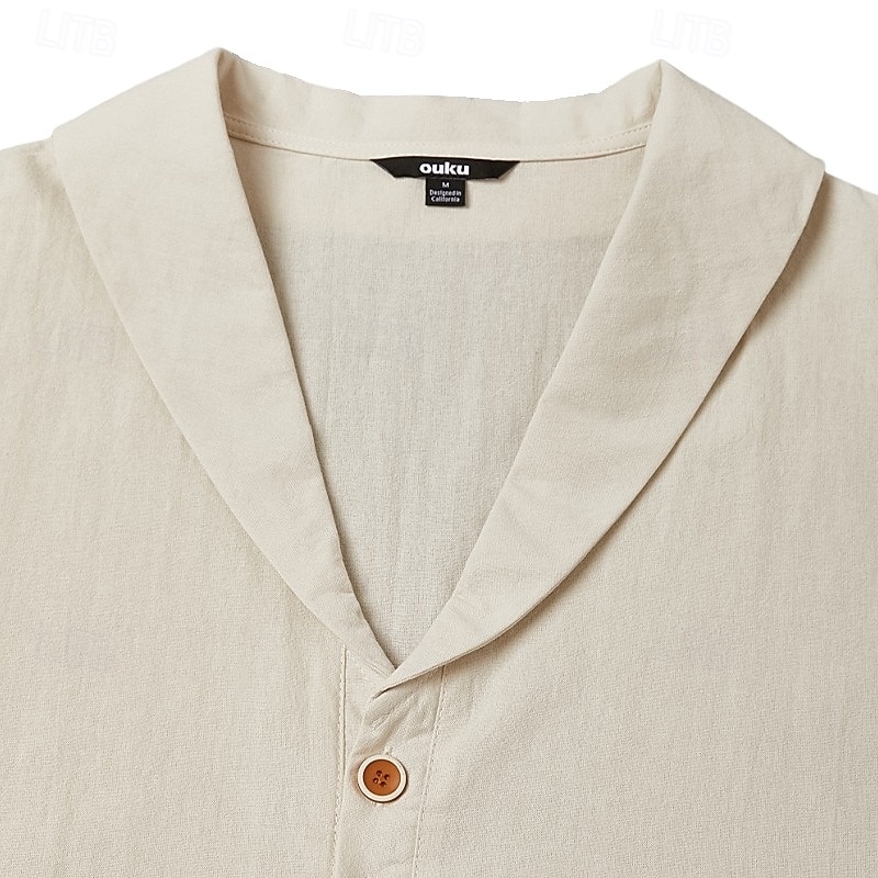 Herr Skjorta Linneskjorta Popover skjorta Sommarskjorta Standkläder Ensfärgat Semester Gata Svart Blå Kaki Långärmad Krage Sommar Vår Kläder 2025 - $23.99 –P3