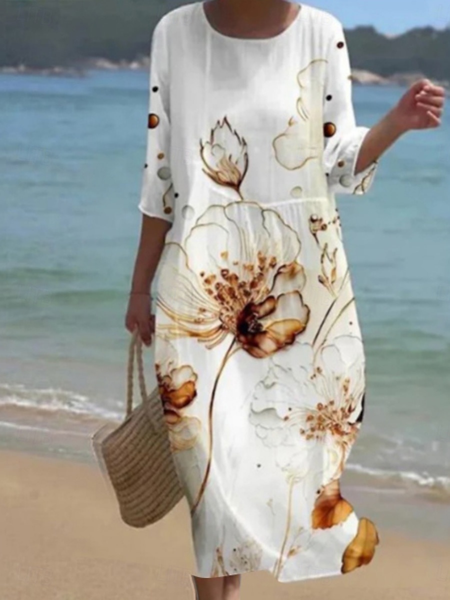 Damen Midikleid Freizeitkleid Druckkleid Mode Modern Täglich Strand Wochenende Normale Passform Blumen Dreiviertelarm Rundhalsausschnitt Weiß Rosa Violett Purpur Sommer Frühling Herbst 2025 - $31.99 –P4