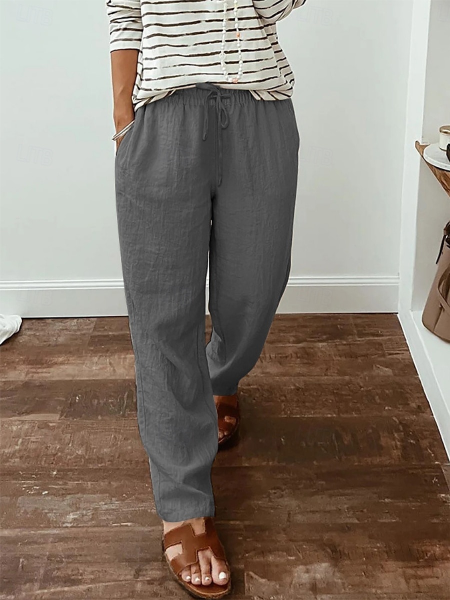 Mulheres Calças de linho de algodão Calças Roupa de rua Casual Longas Cintura Alta Tecido Bolsos Design de cordão elástico Corte alto Respirabilidade Macio Micro-Elástica Rua Roupa Diária Preto de 2025 por $24.99 –P7