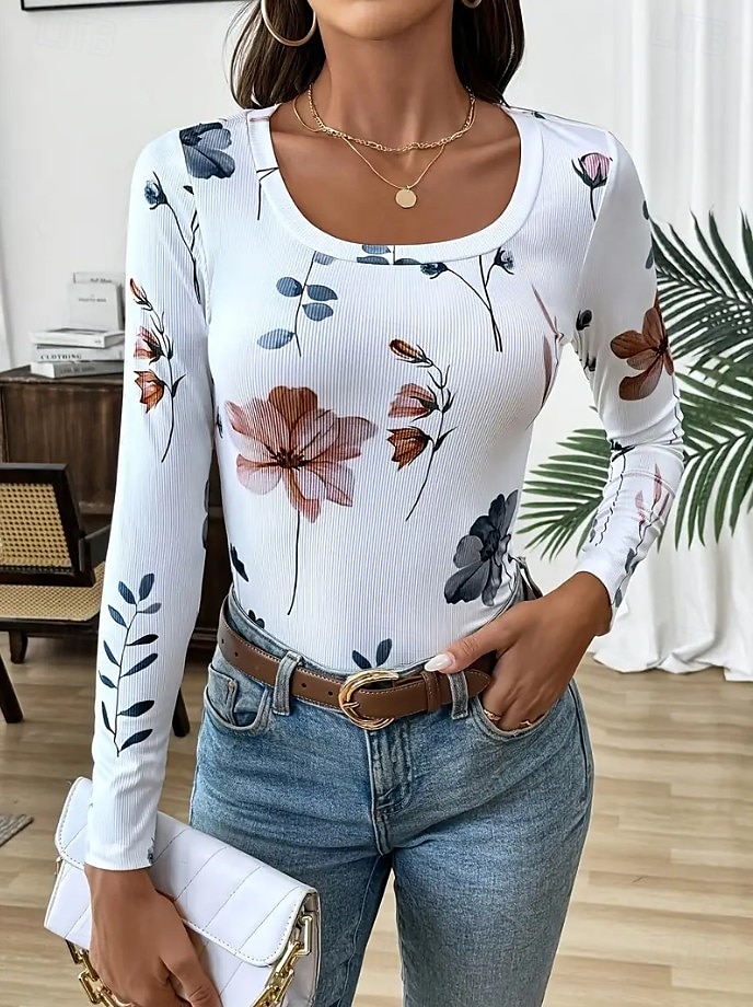Per donna Maglietta Floreale Grafico Piante Moda Classico Casual Manica Lunga Collo quadrato Top Regolari Quotidiano Stampato Bianco Primavera Autunno del 2025 a $24.99 –P3