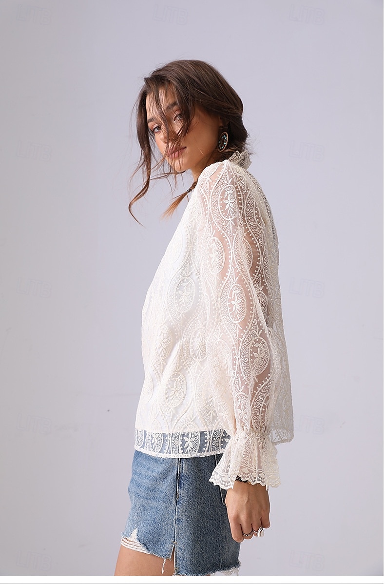 Damen Spitzenbluse Einfarbig Elegant Bohemien Vintage Langarm Hoher Ausschnitt Normale Oberteile Party-Abendmode Ausgehen Strandbekleidung Bestickt Schwarz Weiß Aprikose Frühling, Herbst, Winter 2025 - $49.99 –P2