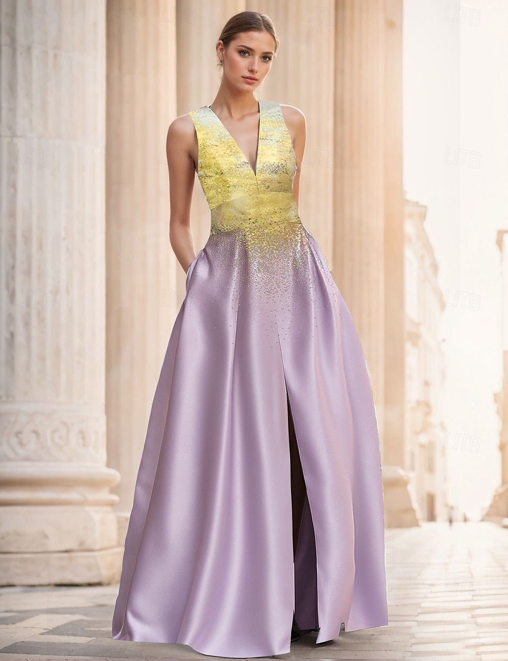 Arany és Fekete Jacquard Ruha A-vonalú Estélyi Ruha Elegáns Ruha Formális Esküvő Padlós Ujjatlan V Nyak Szatén Hasíték Zsebbel 2025 - $149.99 –P6
