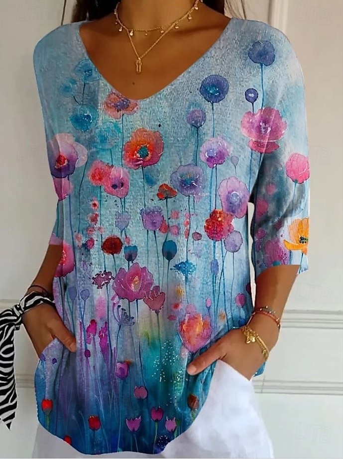 Dame Bluse Blomstret Grafisk Årgang Tropisk Stilfull 3/4 ermer V-hals Vanlige topper Daglig Blå Lys Lilla Lilla Sommer Vår Høst 2025 - $25.99 –P4