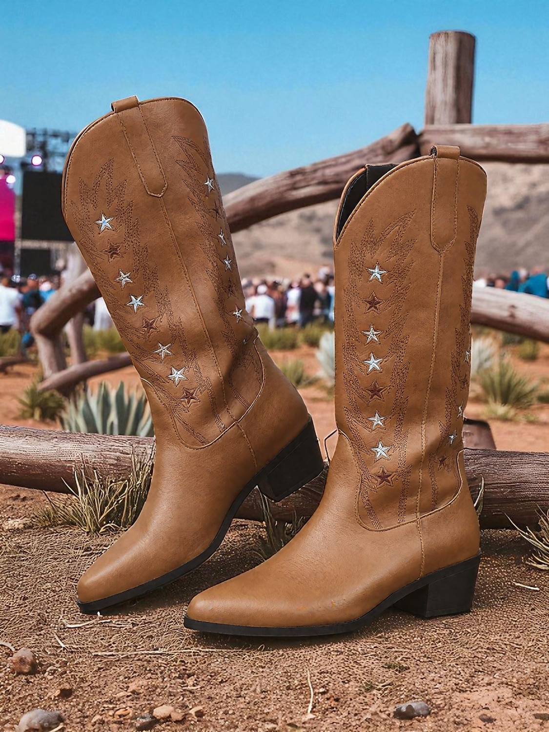 Women's Brown Western Cowboy Boots with Star Embroidery - Comfortable Block Heel Ankle Boots for Country Music Festivals, Outdoor Events, and Everyday Wear 2025 - $42.99 –P5