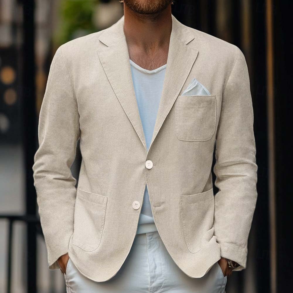Homens Blazer de linho Casaco esportivo Casual Diário Primavera Verão Algodão E Linho Côr Sólida Confortável Comum 2 Botões Jaqueta esporte Bege Azul Claro de 2025 por $59.99 –P1