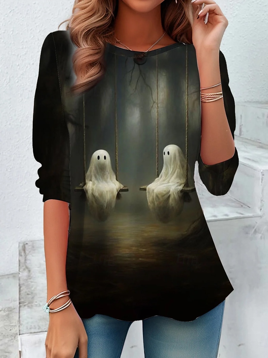 Halloween Γυναικείο T-shirt Μακρύ Μανίκι Crew Λαιμός Μακρύ Μανίκι Τουνίκ Γραφικό Φάντασμα Μάγισσα Vintage Στιλάτο Στρογγυλός Λαιμός Κανονικά Μπλουζάκια Καθημερινά Σαββατοκύριακο Εκτύπωση Μπλε Πράσινο 2025 - $10.99 –P2