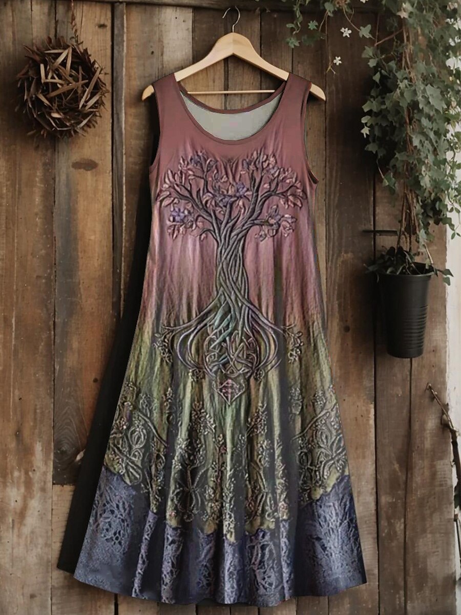Vestido midi vintage viking com nó celta gradiente feminino, vestido de verão, linha A, casual, boho, festa de casamento, praia, corte regular, floral, gráfico, folha, sem mangas, gola em U de 2025 por $21.99 –P3
