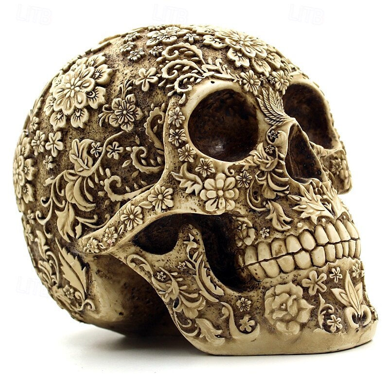 2025年 ハロウィン スカル オーナメント 花柄 スケルトン ヘッド フィギュア 樹脂製 ハロウィン パーティー バー デスクトップ 不気味なディスプレイ お化け屋敷 小道具 コレクター向け 装飾品  コレクション – $13.99 –P2