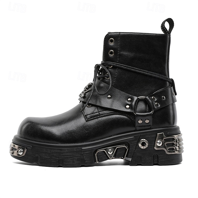 Ghete bărbătești negre cu șireturi și nituri gotice – ghete cu platformă punk rock pentru Halloween, concerte și ținute de stradă 2026 - $99.99 –P2