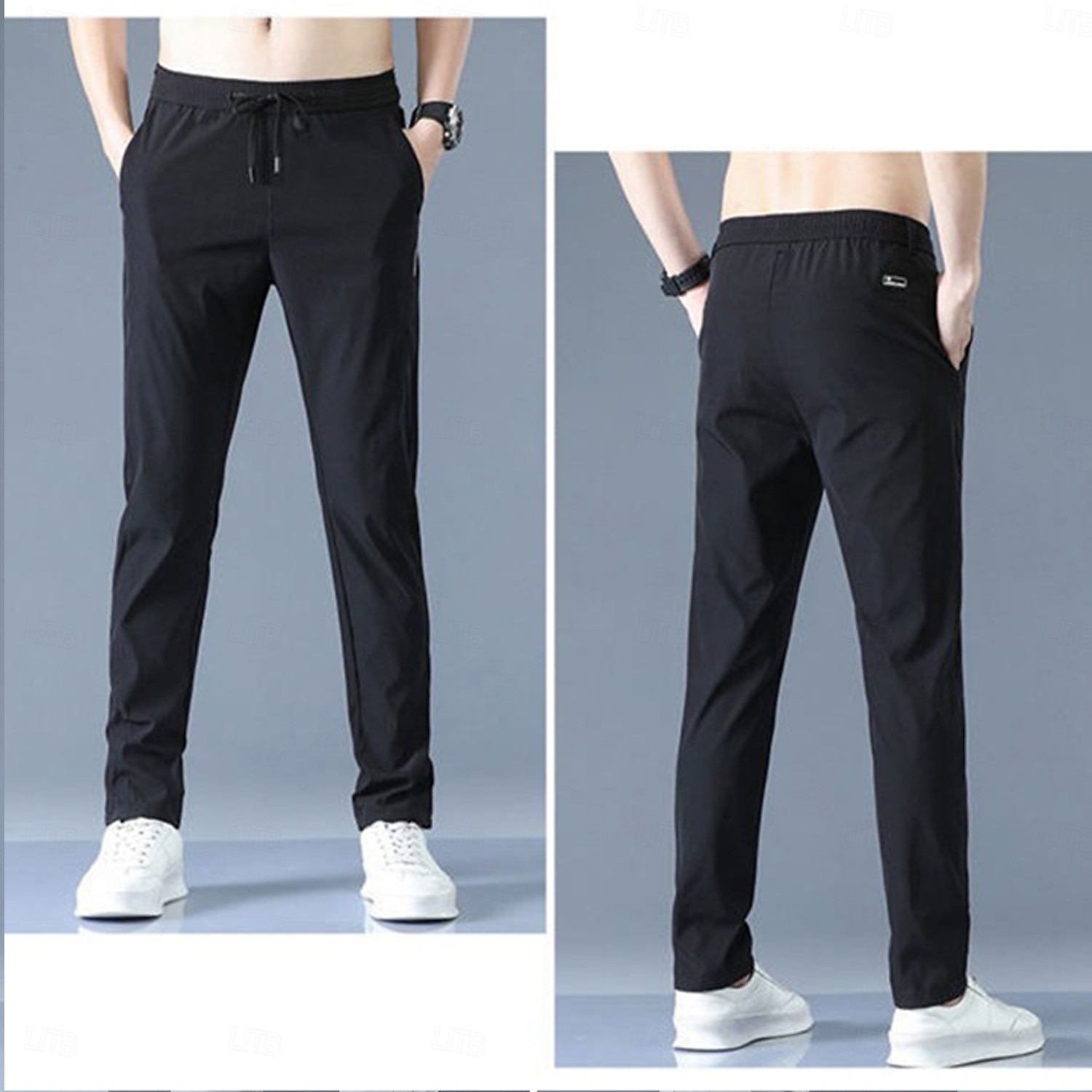 Men's Trousers Casual Pants Drawstring Elastic Waist Solid Color Quick ...