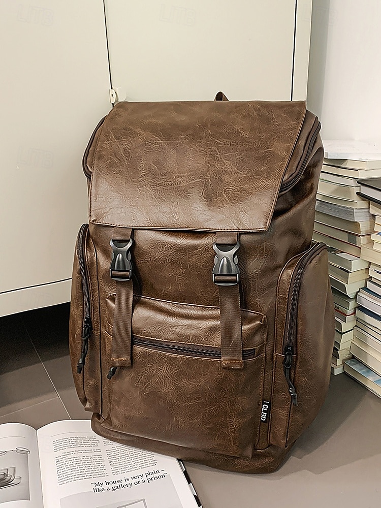 Pánský vintage batoh z umělé kůže – velká hnědá cestovní taška na notebook s bočními kapsami do práce, do školy a na každodenní dojíždění 2025 - $34.99 –P1