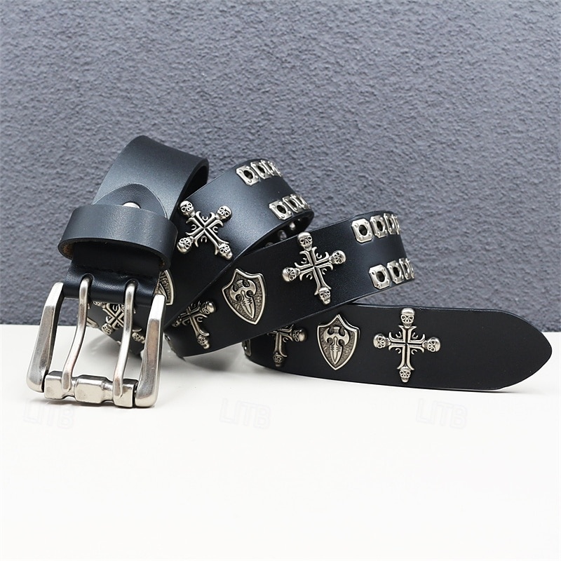 Homme Ceinture Ceinture Taille Noir Derme Alliage Durable Ajustable Uni Croix Crânes Extérieur Quotidien de 2025 ? $42.99 –P4