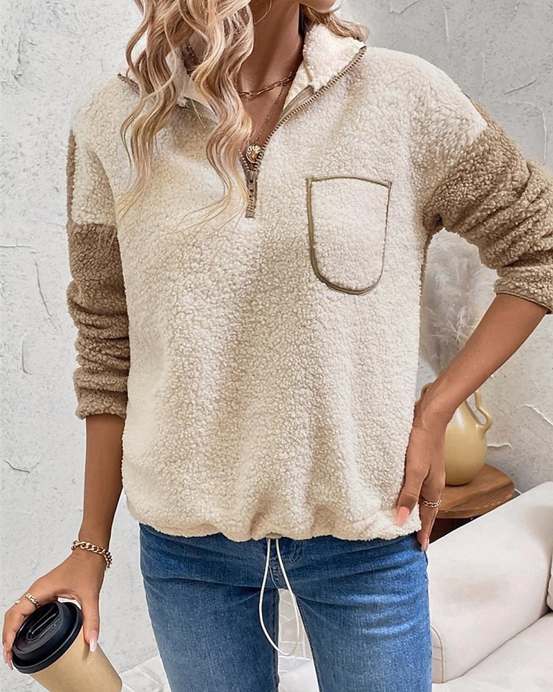 Pentru femei Hanorace Hanorace cu fermoar Bloc Culoare Șic Stradă Casual Sherpa Fleece Manșon Lung Gât Înalt Topuri obișnuite Stradă Concediu Ieșire Quarter Zip Kaki Iarnă 2025 - $31.99 –P4