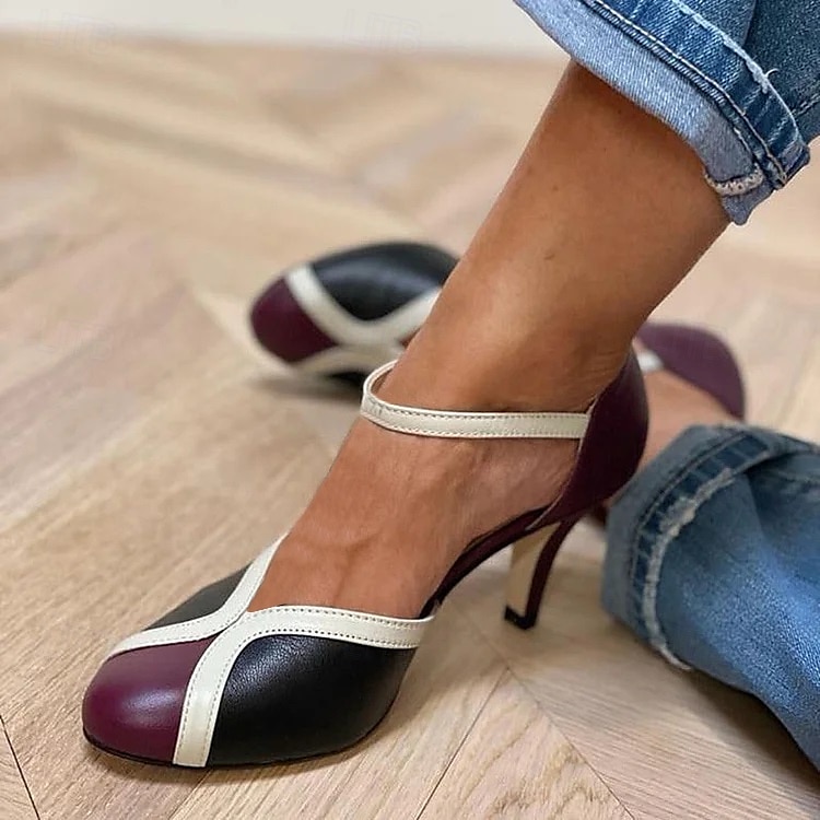 dámské retro dvoubarevné lodičky na vysokém podpatku – růžový a modrý pásek s mašlí, perfektní pro outfity inspirované vintage a neformální elegantní vzhled 2025 - Kč939 –P6