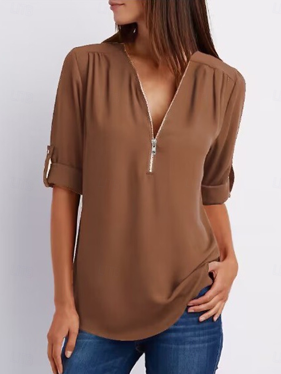Femmes Chemisier Uni Quotidien Demi Manches Col en V Hauts Réguliers Quotidien Fermeture éclair Noir Rose Claire Marron Vert Été Printemps Automne de 2025 ? $21.99 –P3