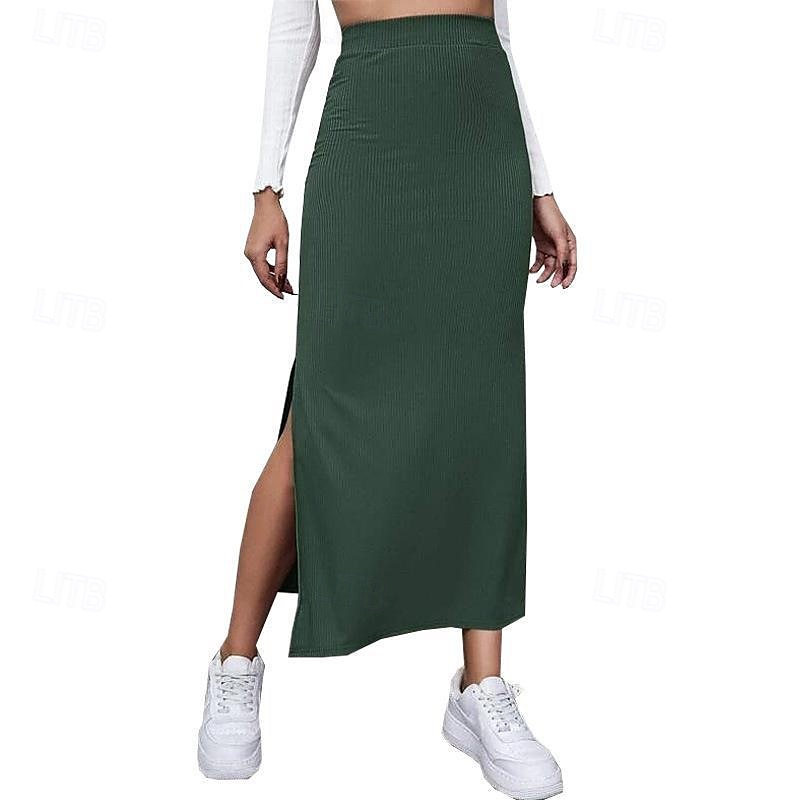 Dames Rok Casual Maxi Medium taille Rokken Effen Gespleten punten Micro-elastisch Vakantie Straat Zwart Rood Licht Bruin Bruin Zomer Polyester 2025 - $17.99 –P14