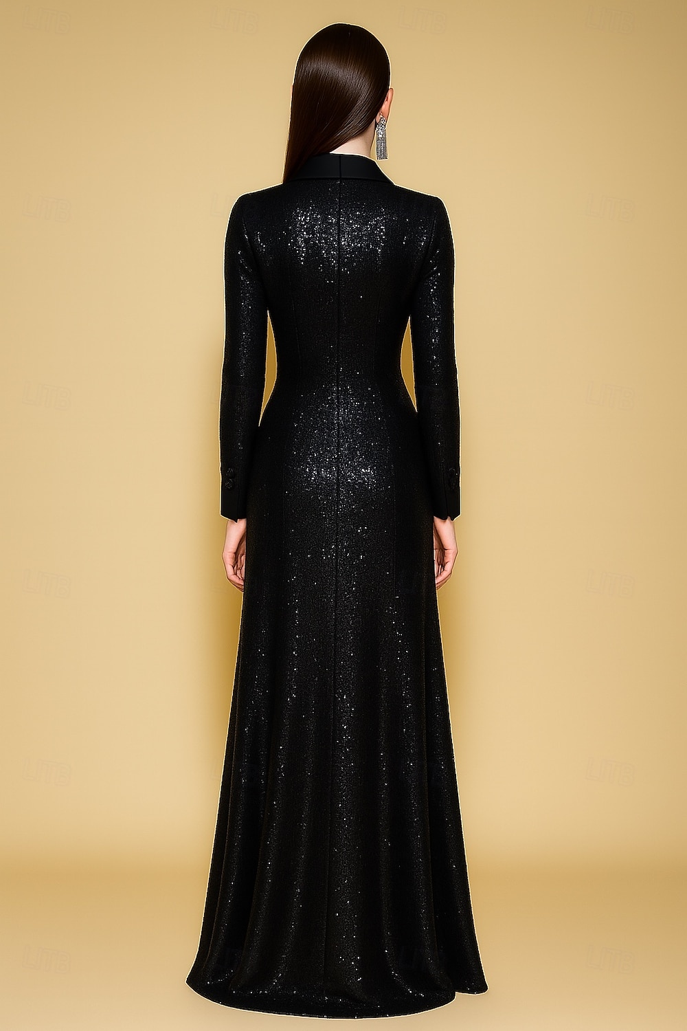 Black Tuxedo Dress A-Line Evening Gown Blazer Dress Formal Wedding Floor Length Long Sleeve V Neck Satin Peak Lapel with Stretch Sequin 2025 2025 - $141.99 –P3