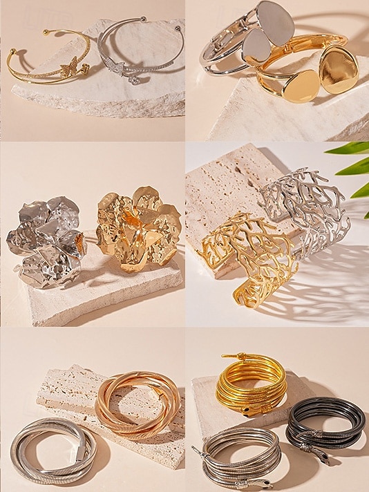 Dámská párty sada náramků - stylové pozlacené a postříbřené manžetové a řetízkové náramky, módní šperk pro ženy, ideální na koktejlové a večerní večírky 2026 - $11.99 –P2