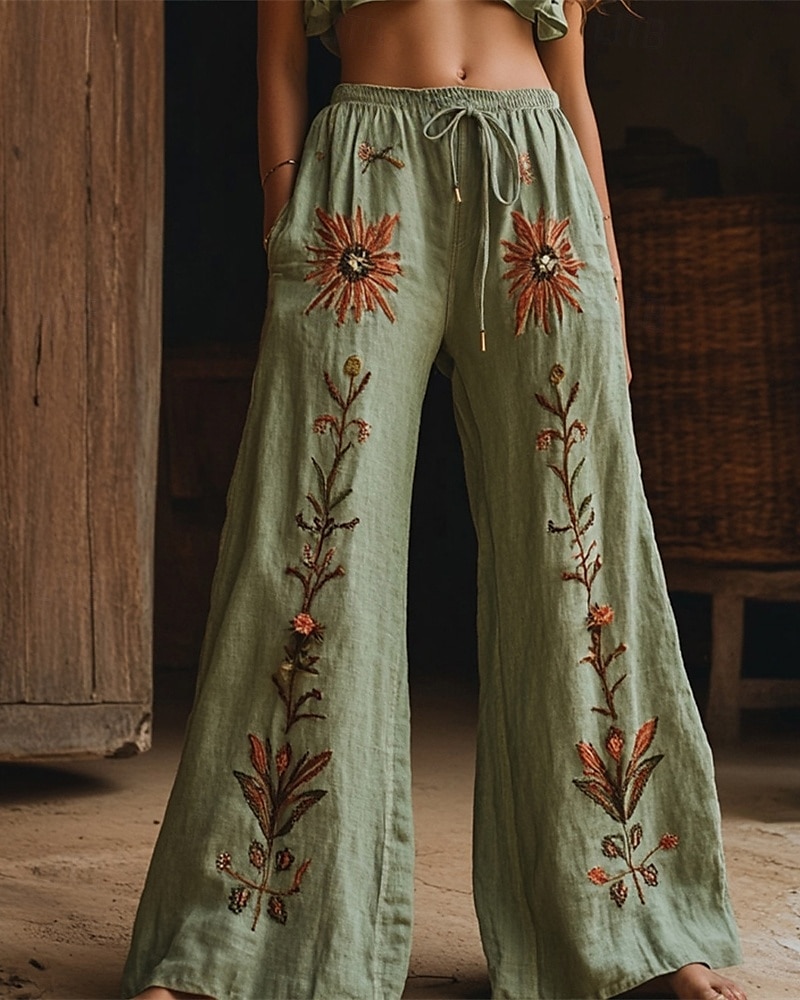 Dam Brett skaft Byxor Palazzo byxor Mode Boho Fullängd Hög midja Blomma Elastisk midja Snörning Mönster Mateial som andas Bekväm Gata Dagliga kläder Utekväll Grön Vår Höst Normal 2025 - $20.99 –P1