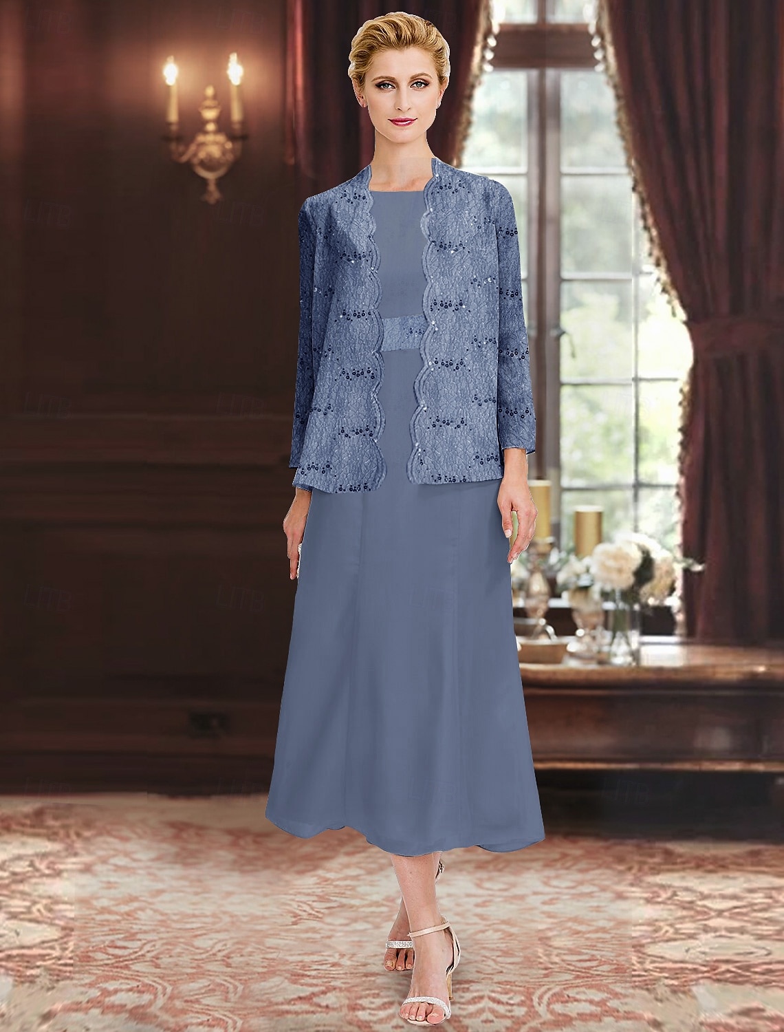 Paillettenspitze, zweiteiliges A-Linien-Kleid für die Brautmutter, elegant, schlicht, luxuriös, Chiffon, U-Boot-Ausschnitt, Midi-Länge, ärmellos, mit langärmliger Jacke 2025 2025 - $119.99 –P5