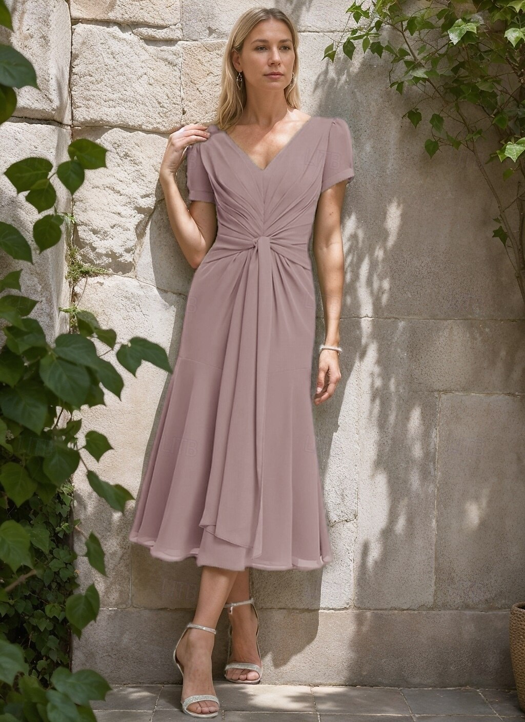 A-Line Mother of the Bride Dress Formal Wedding Guest Elegant Simple Minimalist V Neck Tea Length Chiffon Short Sleeve with Pleats Ruched 2025 - $125.99 –P8