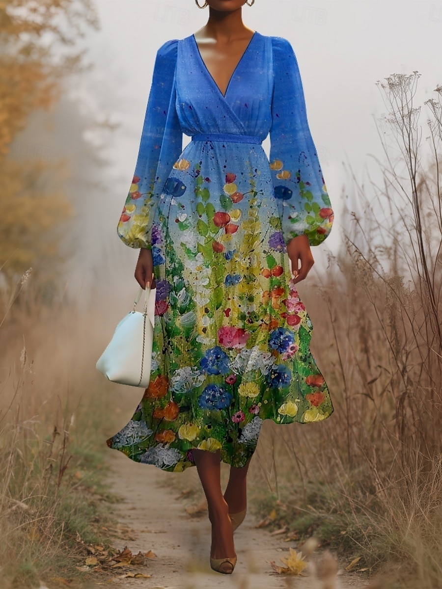 Femmes Robe Midi Robe Décontractée Mousseline de Soie Robe évasée Moderne Vacances Quotidien Week-end Coupe régulière Fleuri manche longue Col en V Bleu Roi Bleu Vert Bleu de minuit Été Printemps de 2025 ? $31.99 –P6