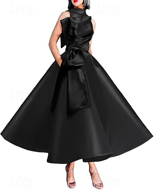Gull Svart A-linje Cocktailkjoler Elegant Kjole Formell Bryllup Ankellengde Uten Ermer Crew Neck Lomme Sateng med Sløyfe(r) Pynting 2025 - $137.99 –P5