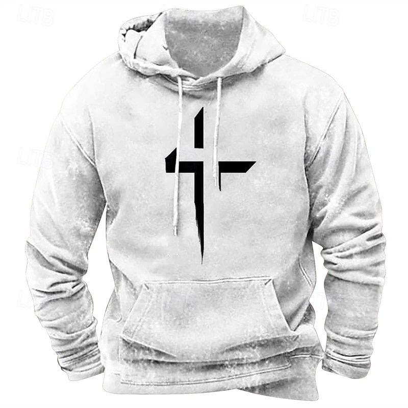 2025年 男性用 パーカー ブラック ホワイト ルビーレッド ブルー ブラウン フード付き 十字架 ポケット プリント スポーツ 日常 祝日 ポリエステル ストリートファッション ベーシック カジュアル 春 秋 衣類 パーカー トレーナー  コレクション – $25.99 –P7