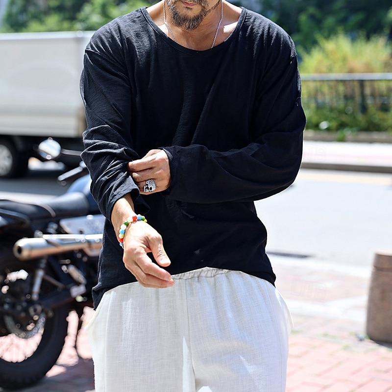 Homme T-shirt Chemise à Manches Longues manche longue Col ras du cou Printemps Automne Uni Mode Designer Basique Classique Vacances Rue Sortir Noir Blanche Bleu T-shirt haut de gamme pour homme de 2025 ? $26.99 –P11