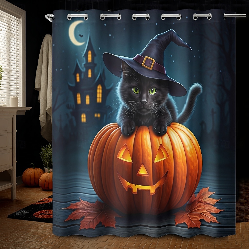 Halloweenský sprchový závěs s háčky, polyesterový, pratelný, voděodolný, vzorovaný, koupelnová vana, dekorace 2025 - $21.99 –P16