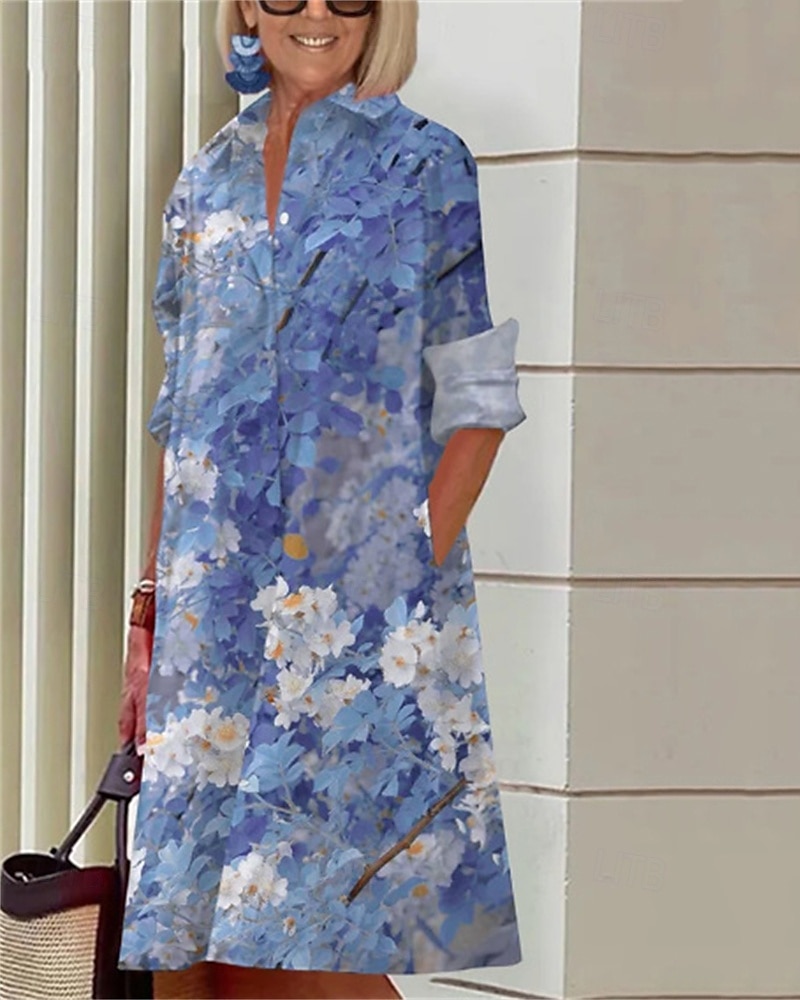 Femmes Robe Midi Robe Chemise Robe Décontractée Mode Moderne Quotidien Plage Week-end Coupe régulière Fleur manche longue Col de chemise Blanche Jaune Rose Claire bleu marine Printemps Automne de 2025 ? $24.99 –P2