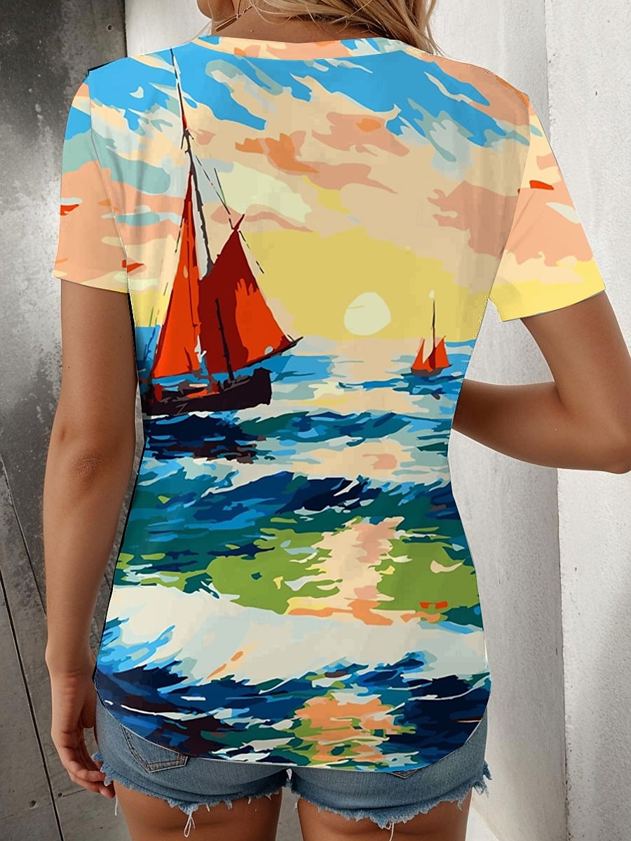 Dame T skjorte Nyanse Grafisk Årgang Stilfull Klassisk Kortermet Crew-hals Vanlige topper Daglig Helg Trykt mønster Gul Blå Lilla Sommer Vår 2025 - $19.99 –P2