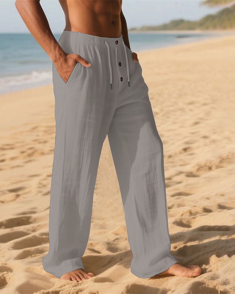 Men's Linen Pants Trousers Summer Pants Beach Pants Pocket Elastic Waist Drawstring Plain Comfort Breathable Vacation Daily Holiday Hawaiian Boho Dark Khaki Black 2025 - $18.99 –P18