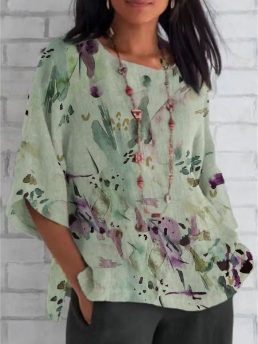 Per donna Camicia Stampato Floreale Quotidiano Casual Manica 3/4 Girocollo Top Regolari Quotidiano Ferie Blu Bianco Verde Estate Primavera Autunno del 2026 a $31.99 –P3