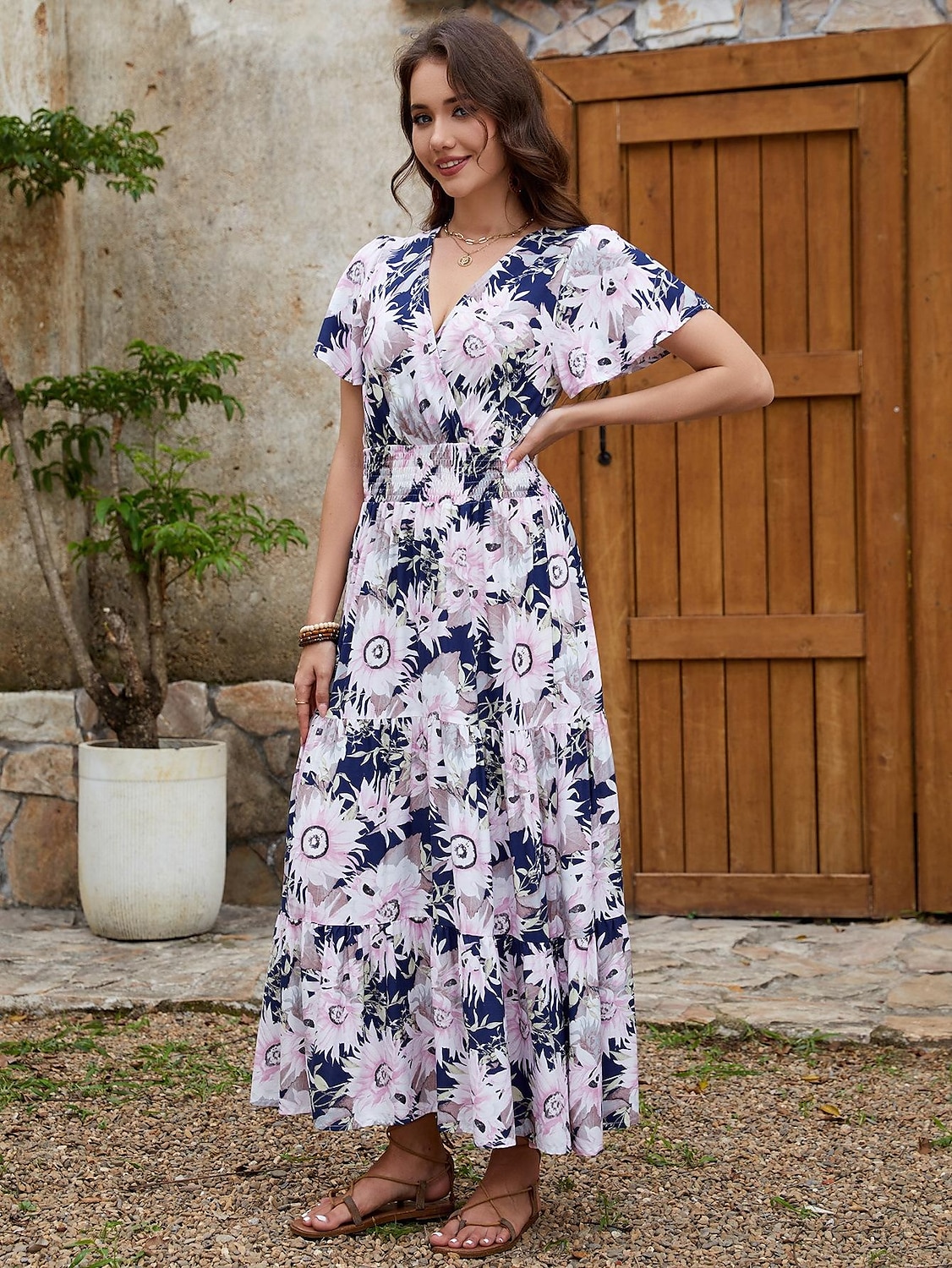 Women's Maxi Dress Sundress A Line Dress Vacation Party Casual Butterfly Sleeve Party Going out Beach Tailored Fit Floral Graphic Short Sleeve V Neck color Summer 2025 - $32.99 –P7