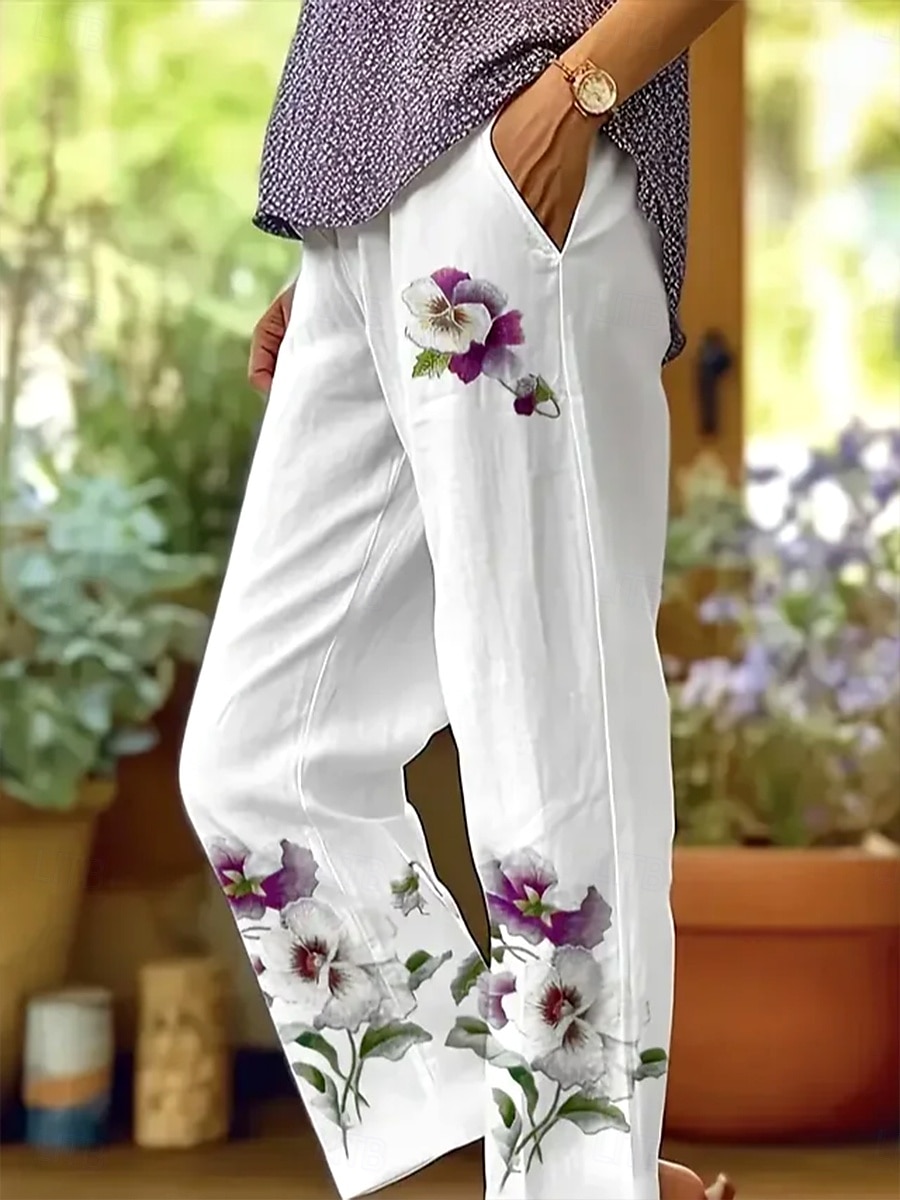 Damen Chinos Urlaub Vintage Lässig Knöchellang Hohe Taille Blumen Grafik Tasche Weich Außenbereich Atmungsaktiv Unelastisch Outdoor Urlaub Straße Weiss - Grün Lila Sommer Frühling Herbst Normale 2025 - $32.99 –P2