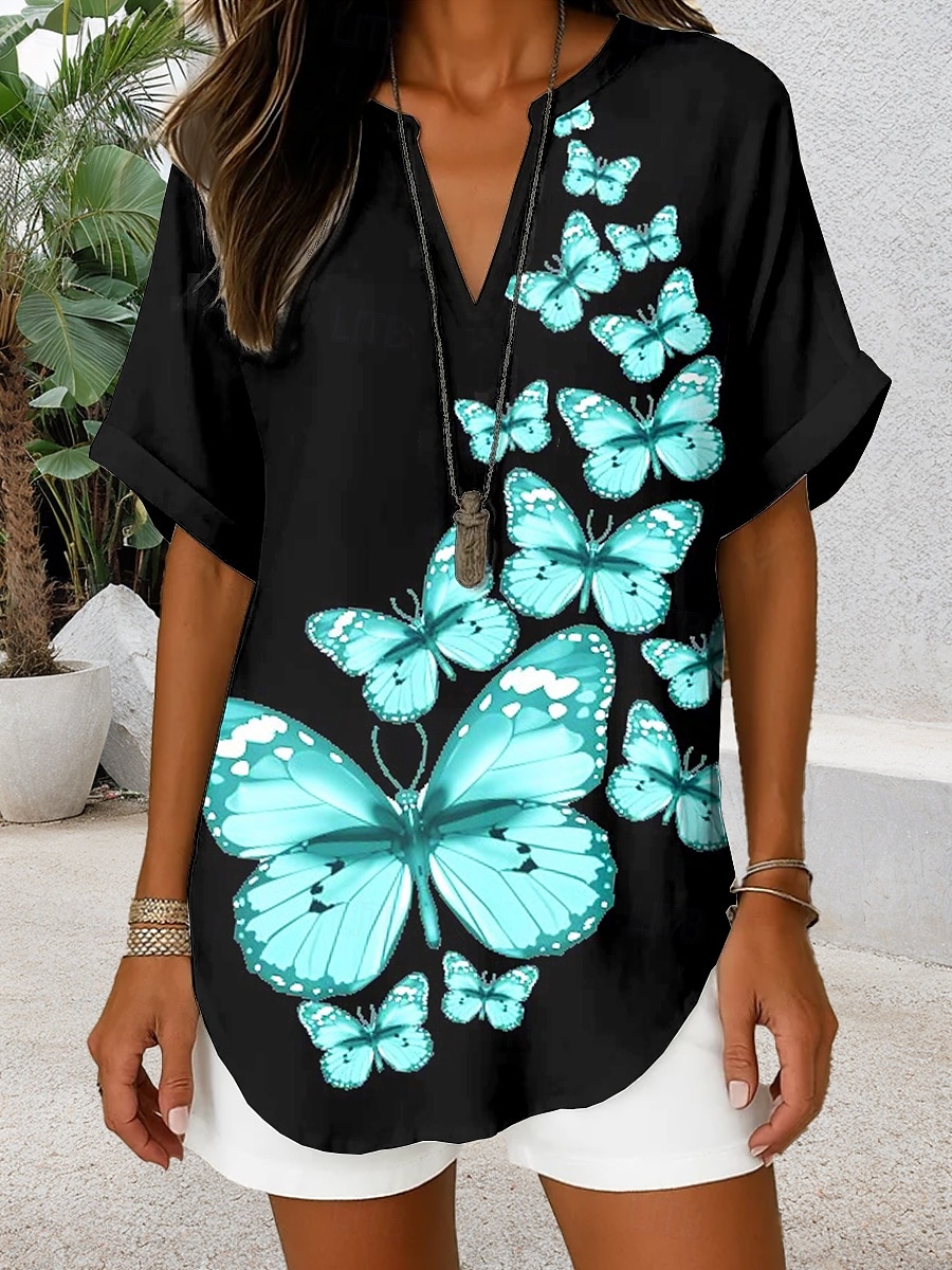 Blouse Femme Col V Graphique Papillon Quotidien Chic Décontracté Manches Courtes Hauts Quotidien Vacances Noir Rouge Bleu Violet Été Printemps de 2025 ? $24.99 –P2