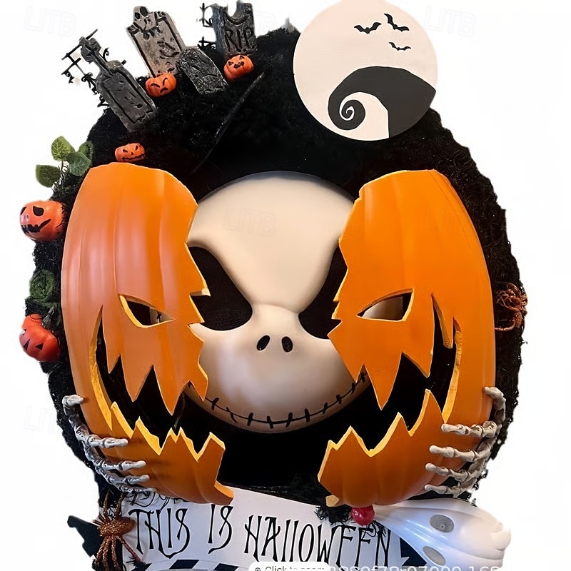 2025年 ハロウィーンの悪夢のようなカボチャのリース、恐ろしいカボチャのコウモリと墓地のガーランドの装飾、屋内、屋外、壁、クローゼット、フェンス、窓、農家用  コレクション – $49.99 –P10